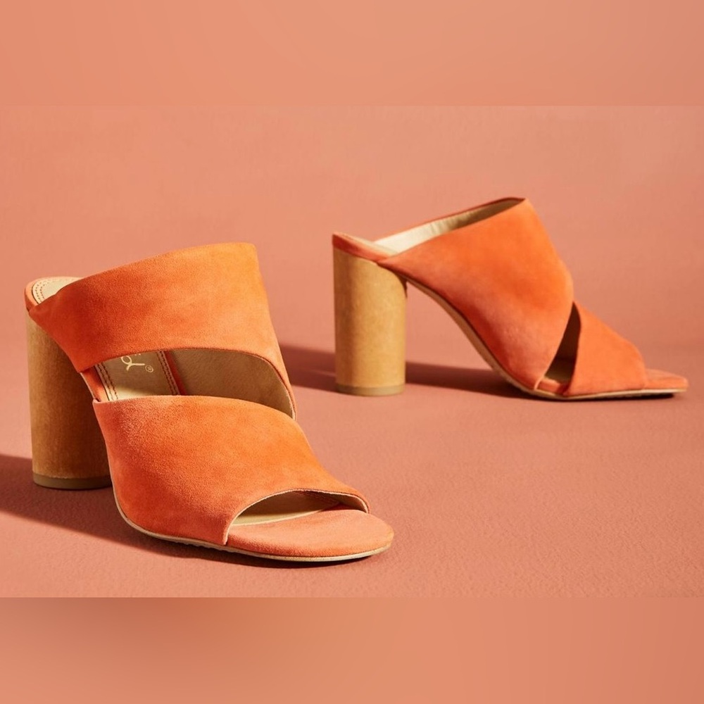 Anthropologie Splendid Serenade Burnt Orange Suede Block Heel Mules Size 8.5